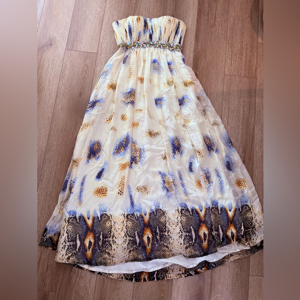 La Femme Strapless Cream and Blue Dress with Embellishments